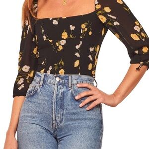 REFORMATION Black Piazza Floral Print Smocked Back 3/4 Tie Sleeve Blouse Top 10